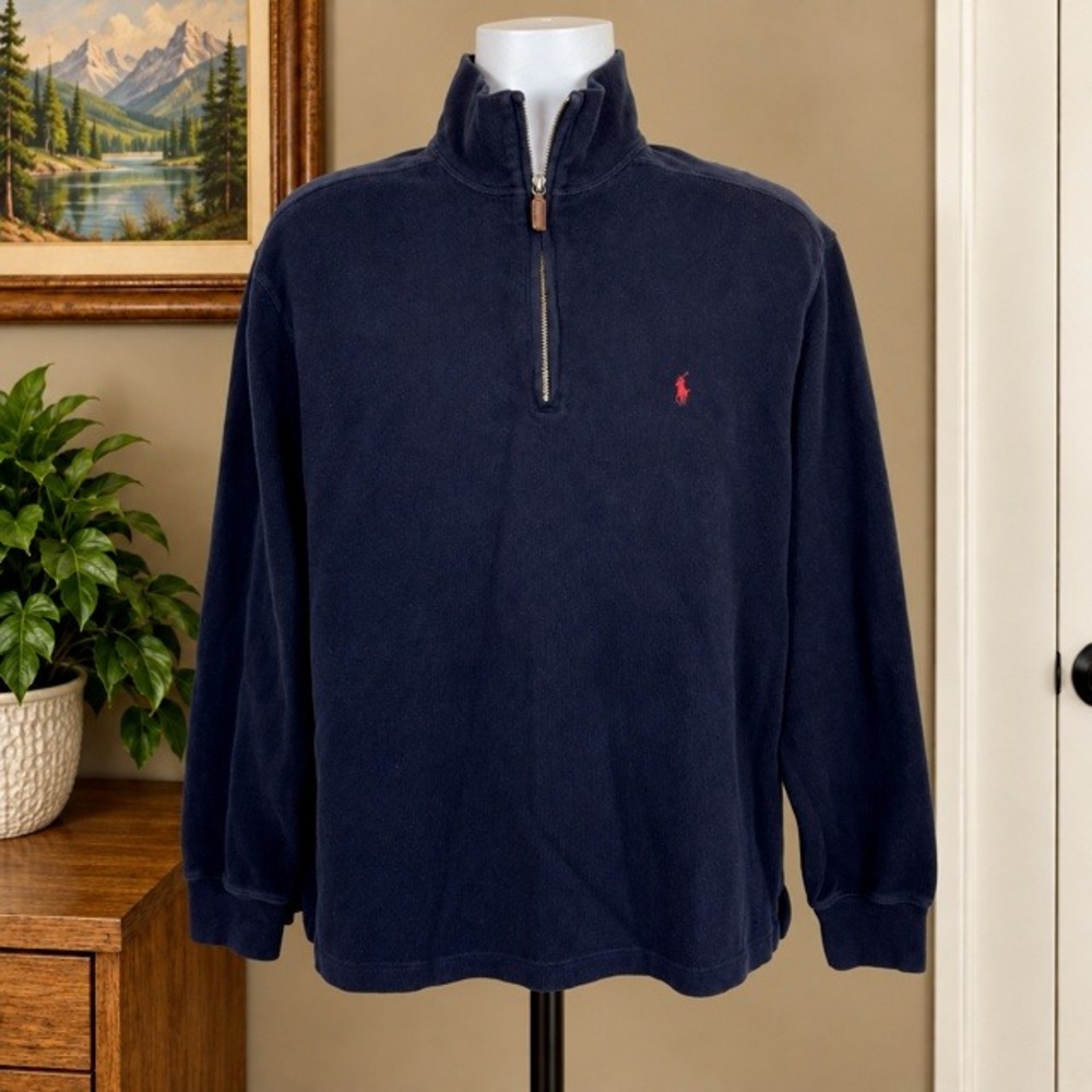 Vintage Polo Ralph Lauren Mens L Navy 1/4 Zip Cotton Pullover Red Pony